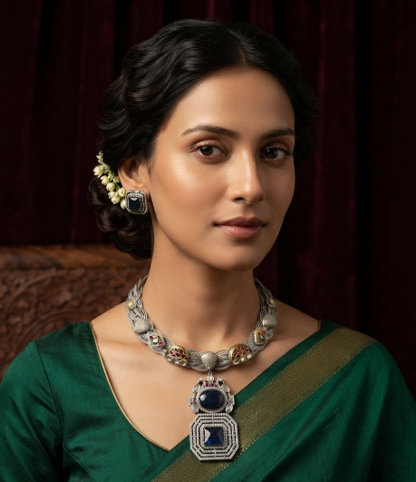 Rajwadi Sapphire Kundan Braid Set