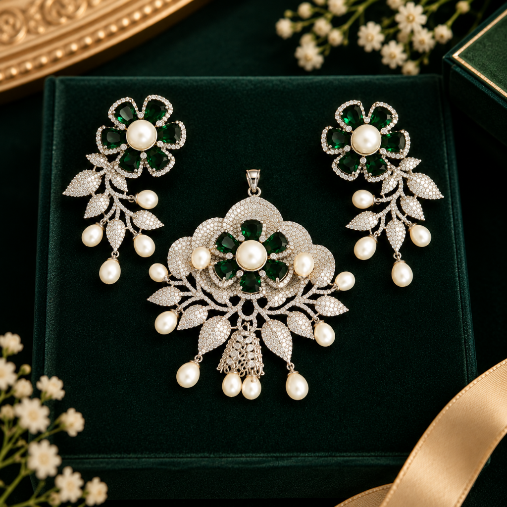 Emerald Bloom Pearl Necklace Set