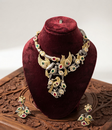 Rajwadi Golden Birds Kundan Necklace Set